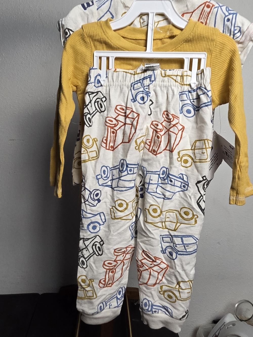 Kids Car Print Pajama Pants with Mustard Thermal Top